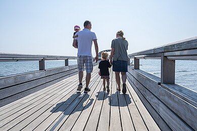 eine Familie von hinten. Sie gehen über die Seebrücke.