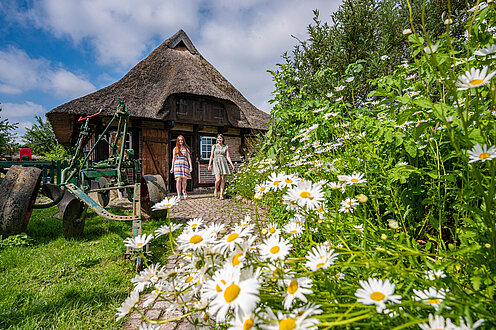 Ein reetgedecktes Haus lugt zwischen grünen Bäumen und Blumen hervor. 