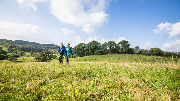 Zwei Personen wandern durch den Naturpark Hüttener Berge. Sie stehen auf einer Wiese. Im Hintergrund sieht man ein paar Bäume und die Landschaft.