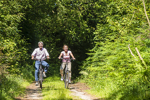 Zwei Radfahrer fahren nebeneinander auf einem Feldweg durch den Naturpark Hüttener Berge.