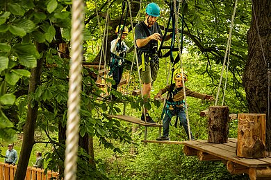 Im bild sind viele Baumkronen. Dazwischen sind aus Holz und Seilen KLetterwege montiert. Ein Kind klettert darauf.