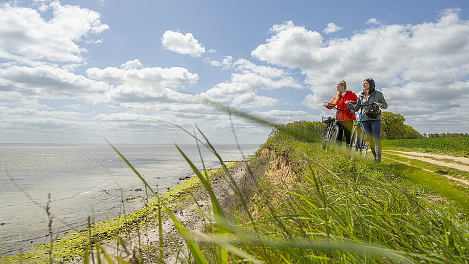 Zwei Personen stehen mit den Fahrrädern oben auf der Steilküste und schauen auf die Ostsee. Die Ostsee ist links im Bild.