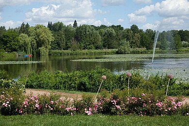 Ein Park mit einem Teich. 