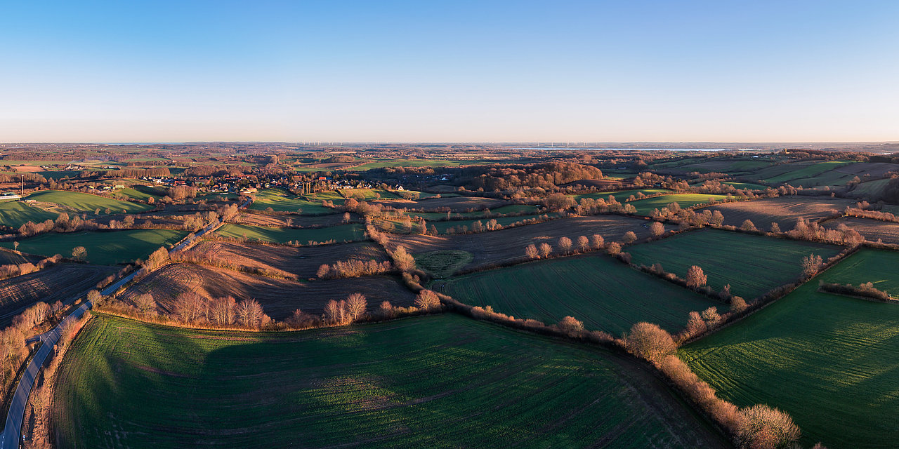 Luftbildaufnahme im Herbst vom Naturpark Hüttener Berge an der Ostsee Schleswig-Holstein.