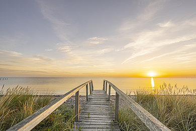 Zu sehen ist der Strandzugang zum Behrensdorfer Strand. Der Weg führt über eine Holzbrücke zum Strand. Links und rechts sind die mit grasbewachsenen Dünen.