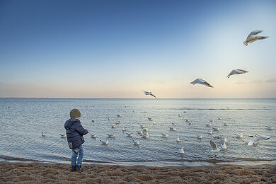Ein Strand. Möwen am Himmel und ein Kind. 