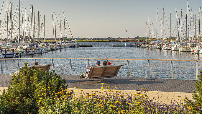 Ein blick auf den Hafen auf Fehmarn mit Segelbooten 