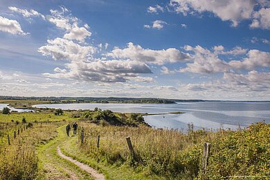Ein Wanderweg an der Küste mit Blick aufs Meer.