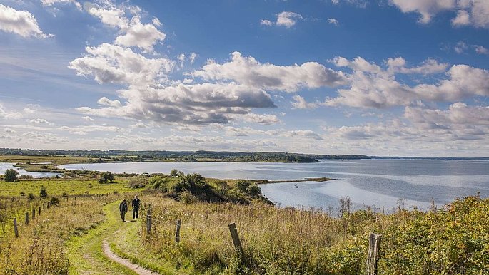 Ein Wanderweg an der Küste mit Blick aufs Meer.