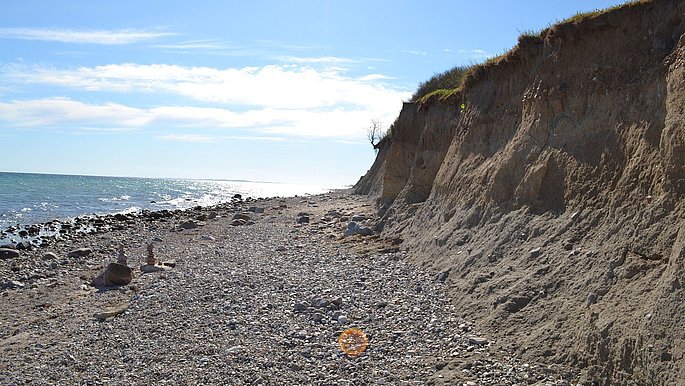 Zu sehen ist der Strand. Links die Ostsee und rechts die Steilküste