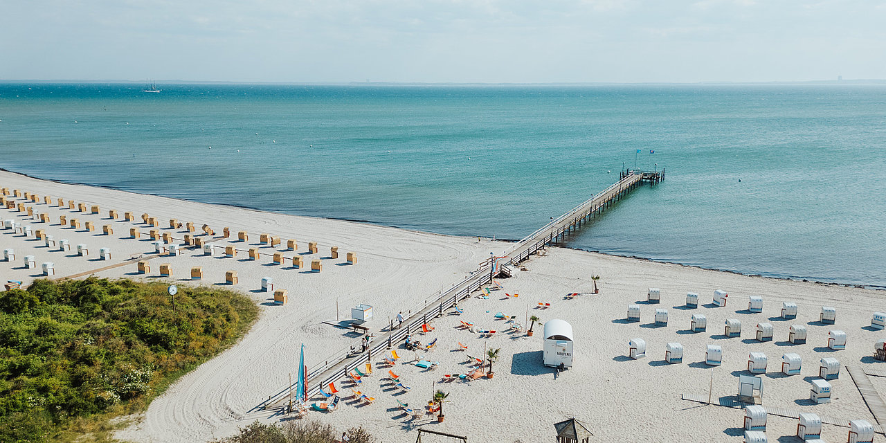 Zu sehen ist ein Strand mit Strandkörben und einem Steg, der übers Wasser führt.