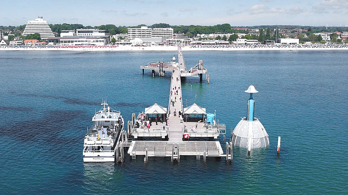 Luftbildaufnahme der Grömitzer Seebrücke von der Wasserseite. Im Hintergrund ist der Strand und Grömitz zu sehen.