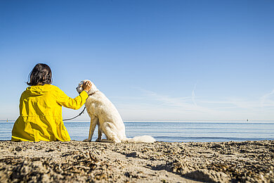 Frau in gelber Regenjacke sitzt mit einem weißen Hund am Strand