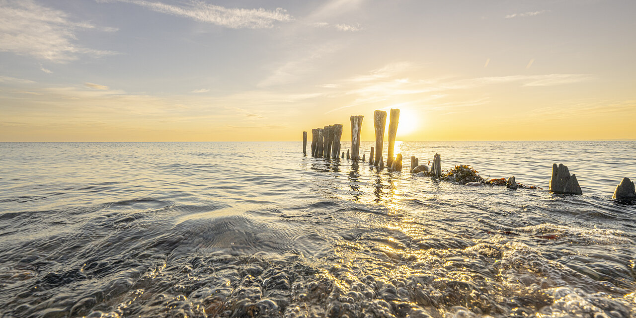 Zu sehen ist der Strand und die Ostsee in Behrensdorf. Rechts im Bild, schauen hohe Holzpfähle aus dem Wasser heraus.