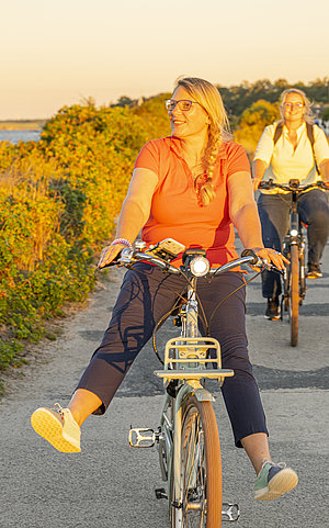 Radfahrer bei Abendlich. Eine Radfahrerin fährt auf den Betrachter zu, schaut links zum Meer und streckt die Beine vor und lässt sich rollen. Hinter ihr ein Radweg mit Feldern, im Hintergrund klein ein reetgedecktes Haus.