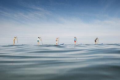 Fünf Stand-up-Paddler auf der Ostsee.