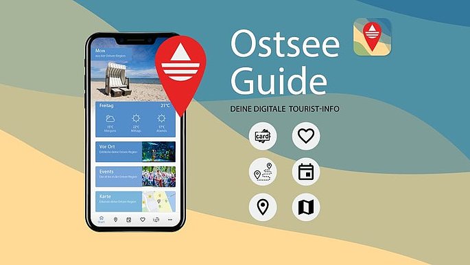 Abbildung vom Ostsee-Guide. Funktionsgrafik und Screenshot des Ostsee-Guide Logos und der App.